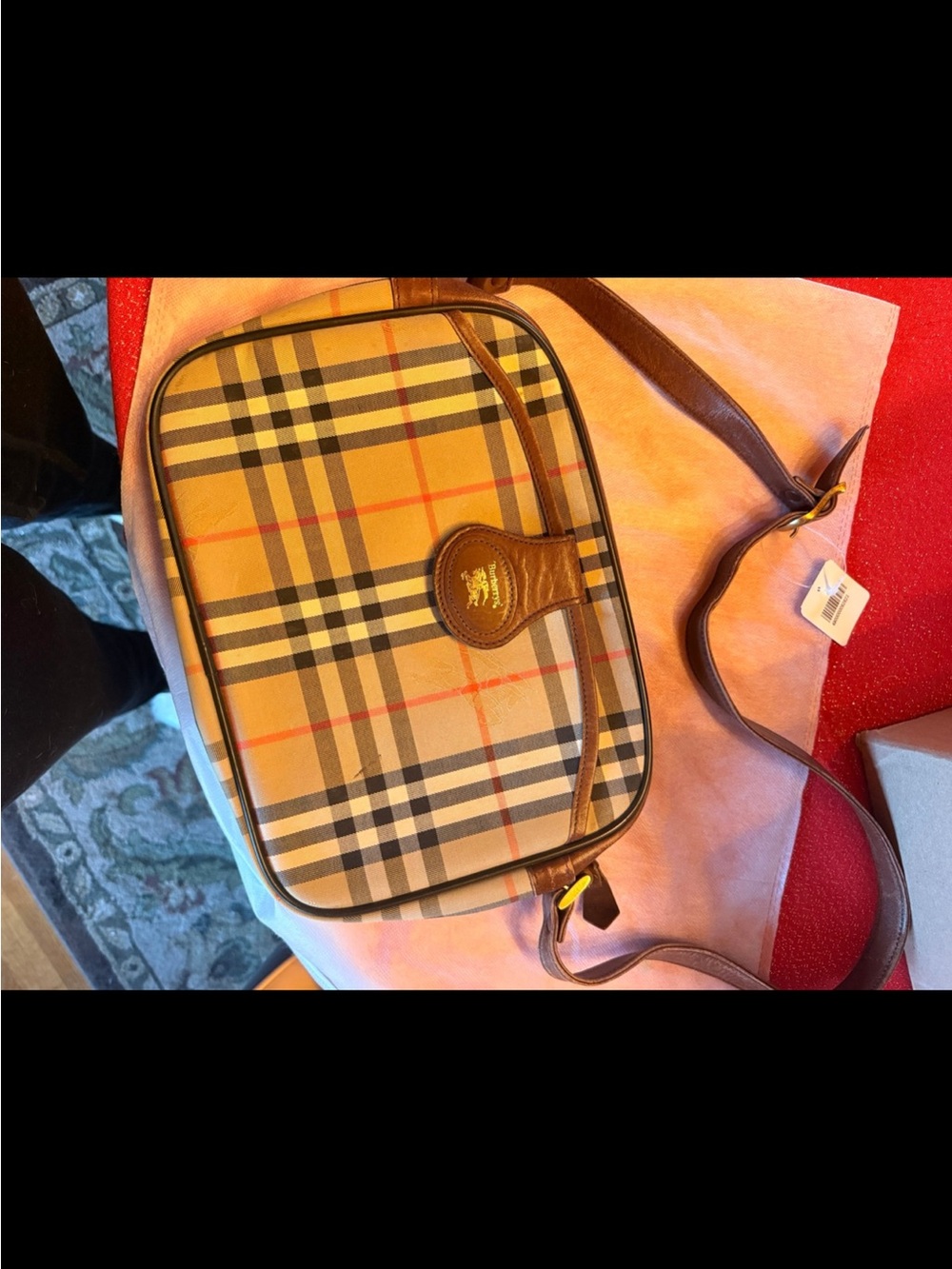 Burberry Beige Black White Check Crossbody Shoulder Bag with Brown Leather Trim - Picture 2 of 5